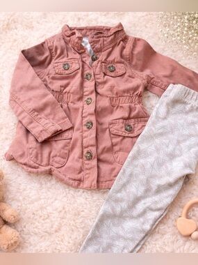 Tahari Girl 24M Pink Denium-Like Jacket and Patterned Pants Set, Matching Set